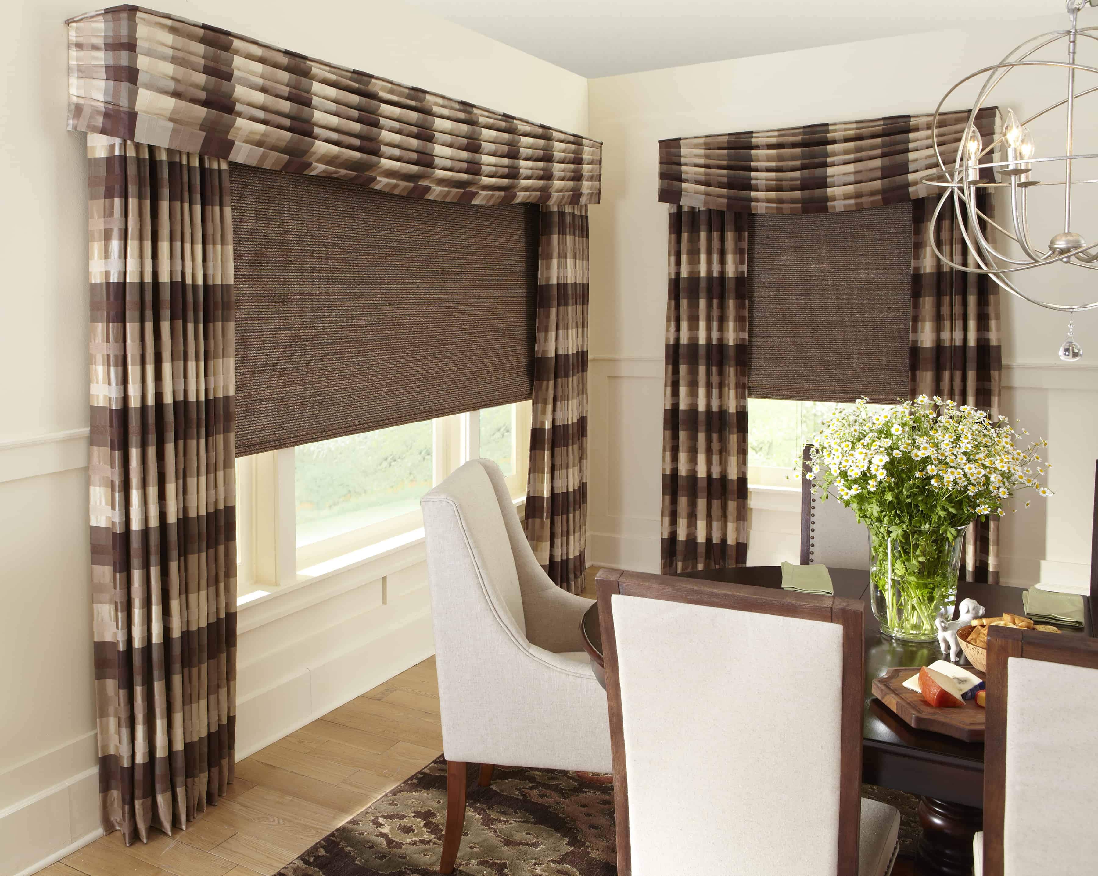 plaid patten draperies in dining room