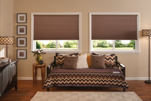 Window Shades 5 Brown blackout shades in a cozy bedroom with daybed.