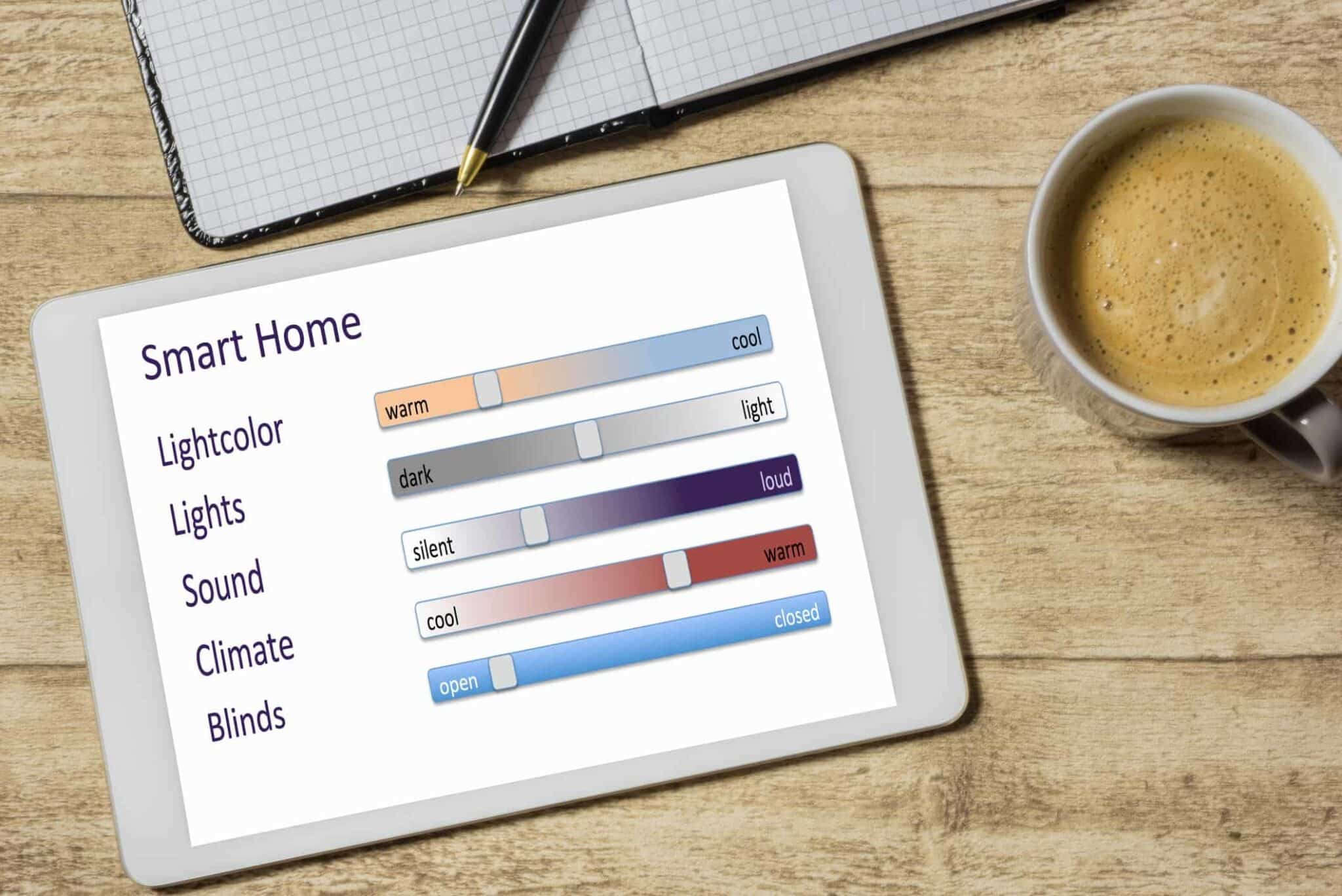 iPad displaying room scenes for smart blinds, showcasing a user-friendly interface for home automation.