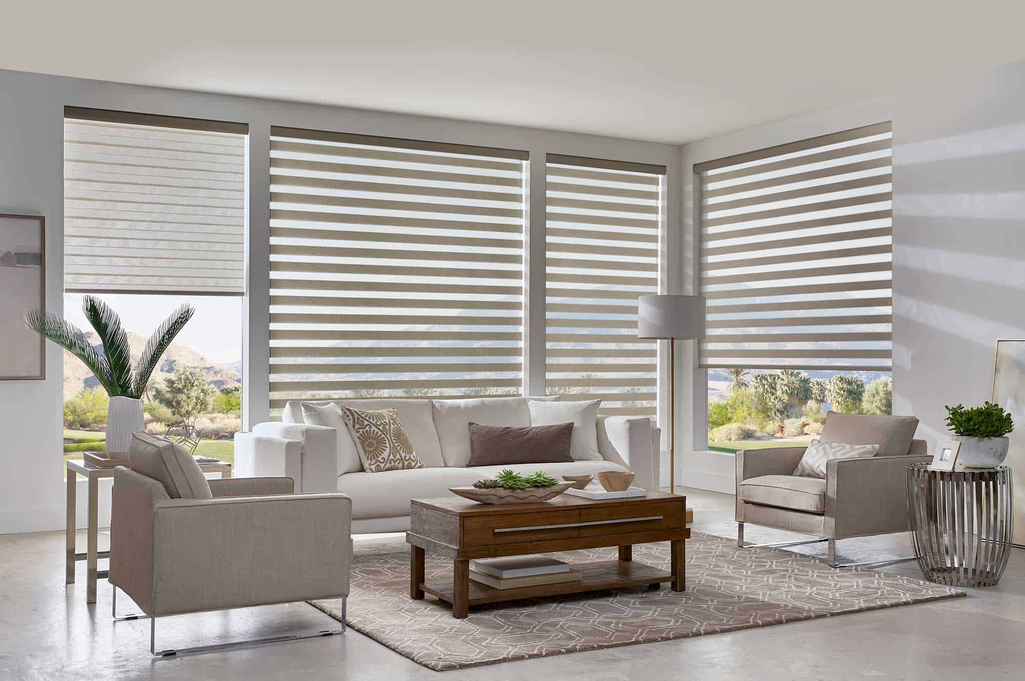 Window Shades 7 2-inch banded shades in a luxurious Lexington, KY living room by Miller’s Window Works