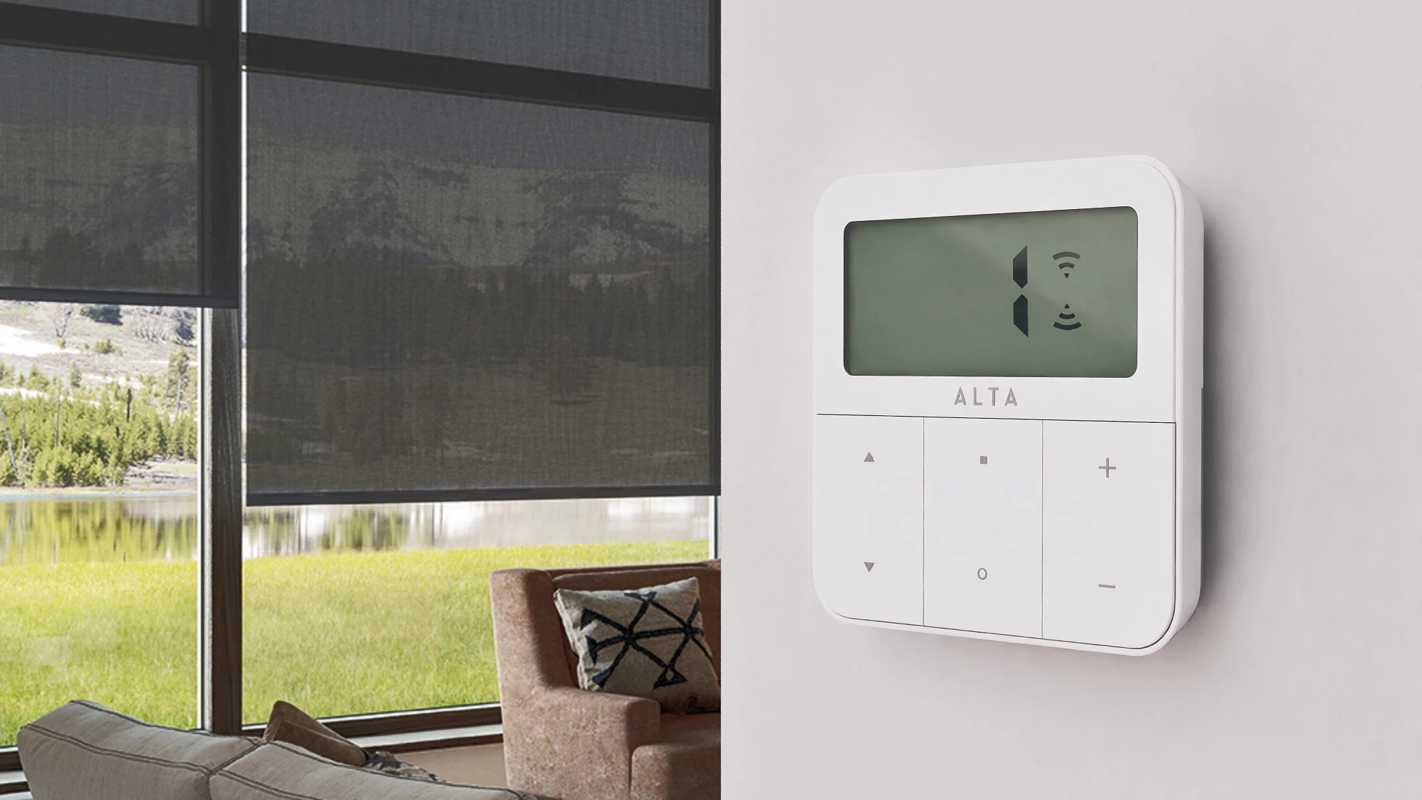 Window with smart blinds and Alta wall remote in a contemporary home