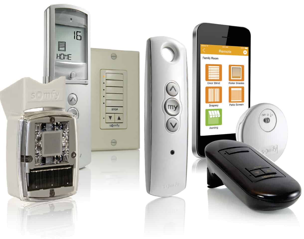Window Shades 3 Somfy smart motorized shade control devices including remotes and app interface